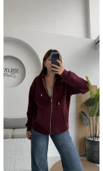 Samantha 3 İplik Fermuarlı Kapüşonlu Hırka - Bordo- Kod: 2992