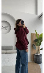 Samantha 3 İplik Fermuarlı Kapüşonlu Hırka - Bordo- Kod: 2992