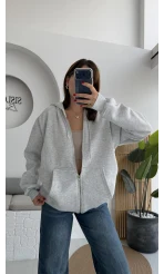 Samantha 3 İplik Fermuarlı Kapüşonlu Hırka - Gri - Kod: 2992