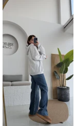 Samantha 3 İplik Fermuarlı Kapüşonlu Hırka - Gri - Kod: 2992