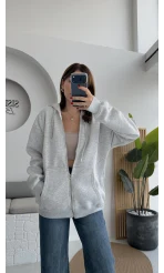 Samantha 3 İplik Fermuarlı Kapüşonlu Hırka - Gri - Kod: 2992