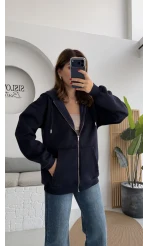 Samantha 3 İplik Fermuarlı Kapüşonlu Hırka - Lacivert - Kod: 2992