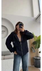 Samantha 3 İplik Fermuarlı Kapüşonlu Hırka - Lacivert - Kod: 2992