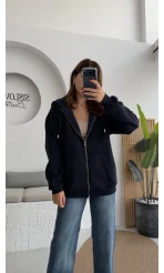 Samantha 3 İplik Fermuarlı Kapüşonlu Hırka - Lacivert - Kod: 2992