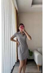 Sandy Kumaş Polo Yaka Elbise Gri