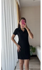 Sandy Kumaş Polo Yaka Elbise Siyah