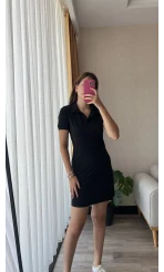 Sandy Kumaş Polo Yaka Elbise Siyah