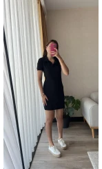 Sandy Kumaş Polo Yaka Elbise Siyah