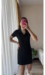 Sandy Kumaş Polo Yaka Elbise Siyah