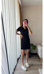 Sandy Kumaş Polo Yaka Elbise Siyah