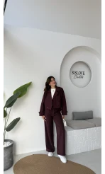 Saranda Beli Lastikli Bağlamalı Pantolon - Mürdüm - Kod: 51120