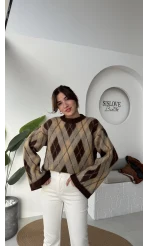 Şardon Baklavalı Kazak - Kahve - Kod: 04603