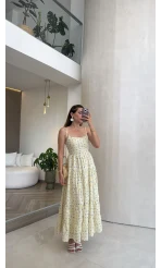 Sarı Büzgülü Çiçek Desenli Askılı Elbise - Kod: 00707
