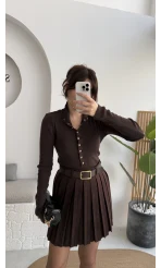 Sasha Dik Yaka Düğmeli Triko Kazak - Acı Kahve