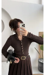 Sasha Dik Yaka Düğmeli Triko Kazak - Acı Kahve