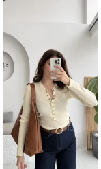 Sasha Dik Yaka Düğmeli Triko Kazak - Ekru