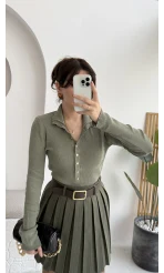 Sasha Dik Yaka Düğmeli Triko Kazak - Haki