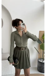 Sasha Dik Yaka Düğmeli Triko Kazak - Haki