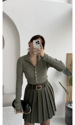 Sasha Dik Yaka Düğmeli Triko Kazak - Haki