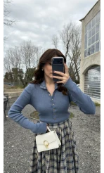 Sasha Dik Yaka Düğmeli Triko Kazak - İndigo