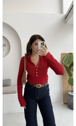 Sasha Dik Yaka Düğmeli Triko Kazak - Kırmızı