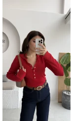 Sasha Dik Yaka Düğmeli Triko Kazak - Kırmızı