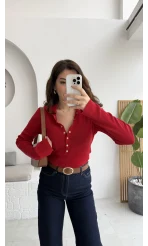 Sasha Dik Yaka Düğmeli Triko Kazak - Kırmızı