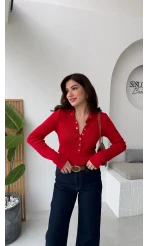 Sasha Dik Yaka Düğmeli Triko Kazak - Kırmızı