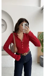 Sasha Dik Yaka Düğmeli Triko Kazak - Kırmızı