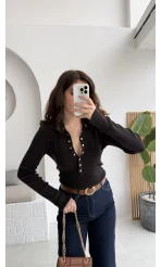 Sasha Dik Yaka Düğmeli Triko Kazak - Siyah Tonlu