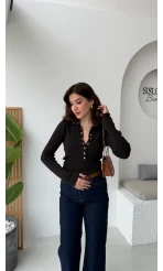 Sasha Dik Yaka Düğmeli Triko Kazak - Siyah Tonlu