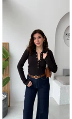 Sasha Dik Yaka Düğmeli Triko Kazak - Siyah Tonlu