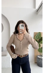 Sasha Dik Yaka Düğmeli Triko Kazak - Vizon