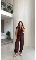 Saskia Modal Bluz Pantolon Takım - Kahverengi - Kod: 4165