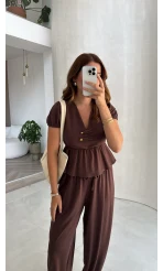 Saskia Modal Bluz Pantolon Takım - Kahverengi - Kod: 4165