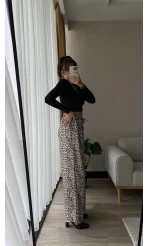 Saten Bol Paça Leopar Pantolon