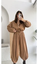 Saten Bomber Ceket Pantolon Takım - Camel - Kod: 9631