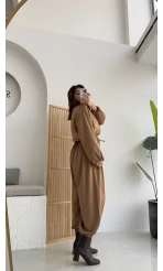 Saten Bomber Ceket Pantolon Takım - Camel - Kod: 9631