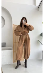 Saten Bomber Ceket Pantolon Takım - Camel - Kod: 9631