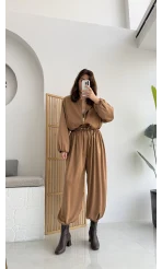 Saten Bomber Ceket Pantolon Takım - Camel - Kod: 9631