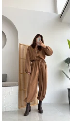 Saten Bomber Ceket Pantolon Takım - Camel - Kod: 9631