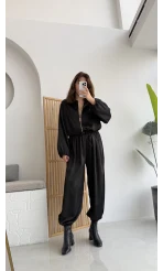 Saten Bomber Ceket Pantolon Takım - Siyah - Kod: 9631