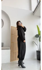Saten Bomber Ceket Pantolon Takım - Siyah - Kod: 9631