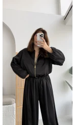 Saten Bomber Ceket Pantolon Takım - Siyah - Kod: 9631