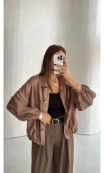Saten Bomber İnce Ceket - Vizon - Kod: 9775