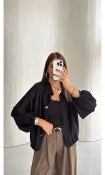 Saten Bomber İnce Ceket - Siyah - Kod: 9775
