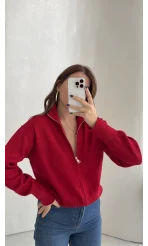 Scarlett Çift Fermuarlı Hırka - Kırmızı