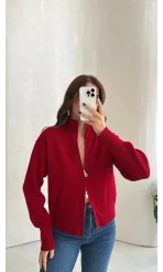 Scarlett Çift Fermuarlı Hırka - Kırmızı