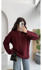 Selani Bisiklet Yaka Örgü Kazak - Bordo - Kod: 4519