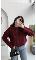 Selani Bisiklet Yaka Örgü Kazak - Bordo - Kod: 4519